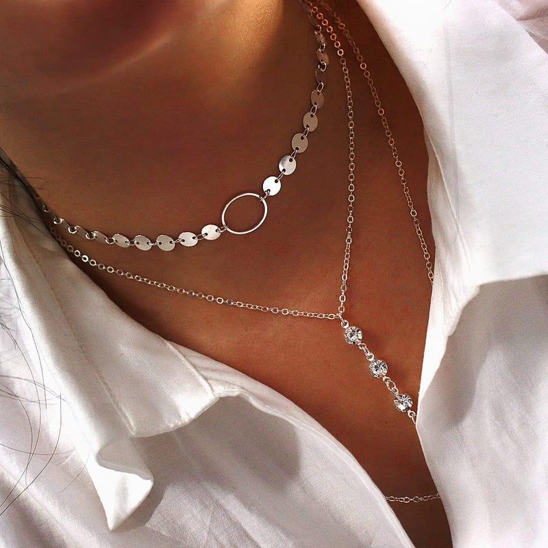 Suyi Stylish Layered Sequins Choker Necklace with Thin Long Chian Pendant for Women Lady - Image 3